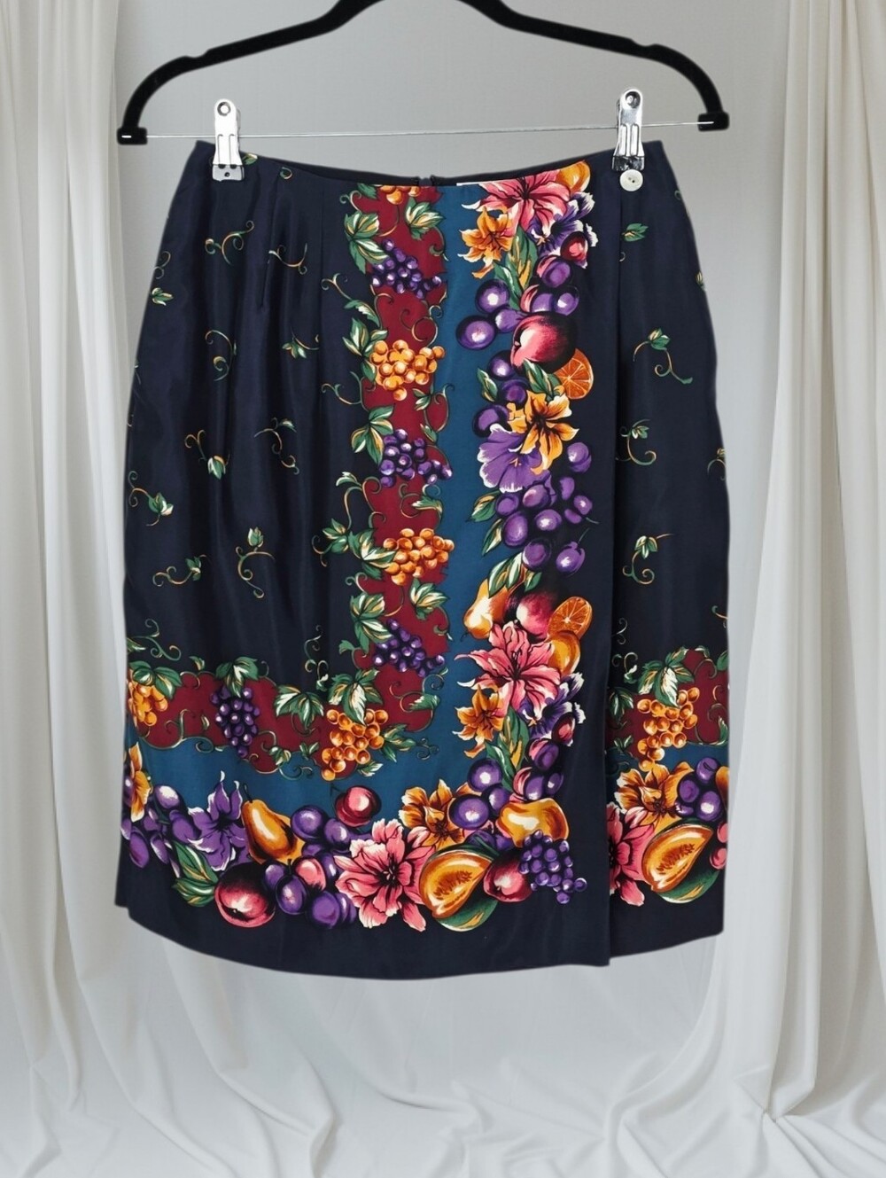 Vintage Barrie Pace 100% Silk Navy Floral & Fruit Print Faux Wrap Skirt Sz 6 NWT